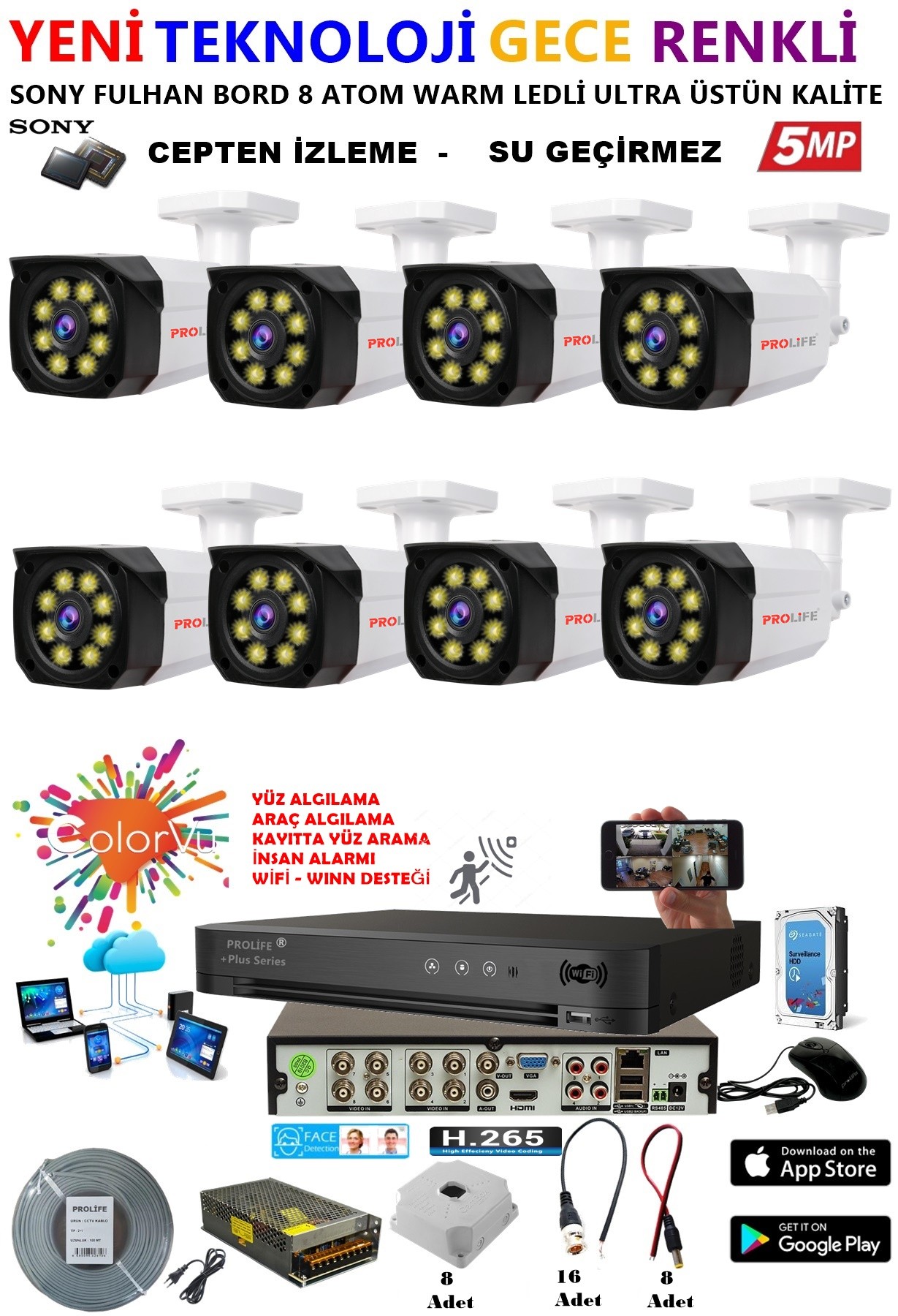 8 Kameralı 5 MP Gece Renkli Yapay Zeka Yüz ve Araç Algılamalı Olay Anı Bildirimli Kuruluma Hazır Kamera Seti