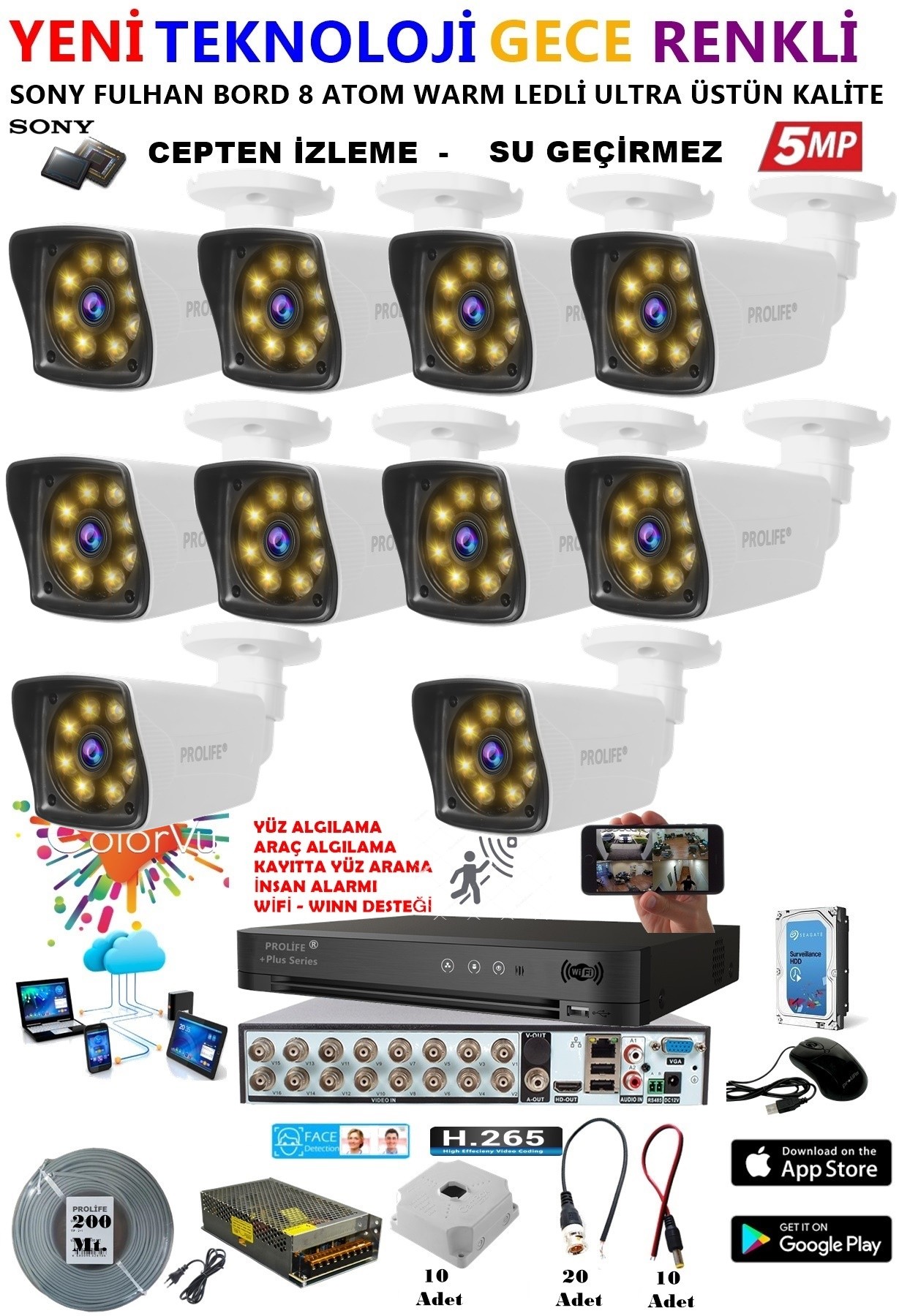 10 Kameralı 5 MP Gece Renkli Yapay Zeka Yüz ve Araç Algılamalı Olay Anı Bildirimli Kuruluma Hazır Kamera Seti