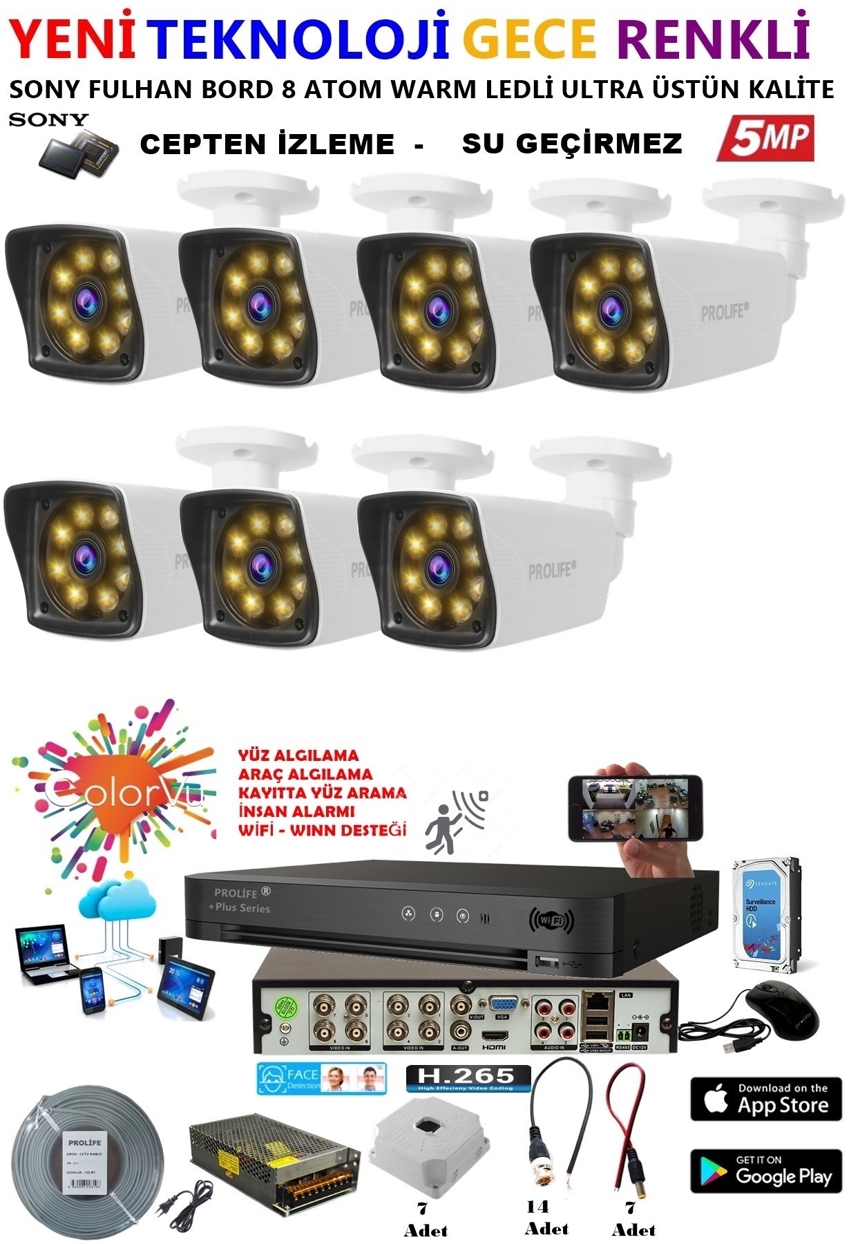 7 Kameralı 5 MP Gece Renkli Yapay Zeka Yüz ve Araç Algılamalı Olay Anı Bildirimli Kuruluma Hazır Kamera Seti