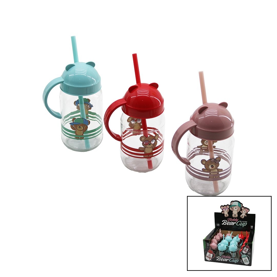 Qlux C-00374 Tedy Bear ( Pipetli  ) ( Cam ) Bardak (Ayıcık Resimli) (370cc) (Ayıcık Figürlü& Renkli Plastik& Kulplu Kapak)*32=K