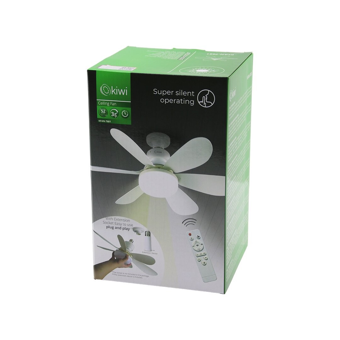 Kiwi Kfan-7681 (2in1=Tavan Vantilatör & Avize Lamba) ( Kumandalı ) ( 52cm ) (6-Beyaz Plastik Kanat) (3-Kademe Hız) (Motor-30w)*12