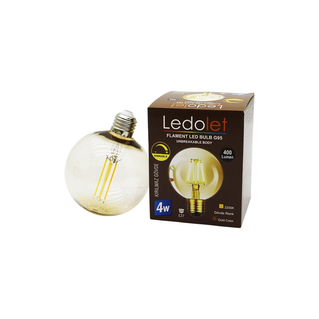Ledolet G-80 ( 4w & E27 ) ( Gold Color ) Flament Led Rustik Ampul ( 400lumen & 2200k ) (Kırılmaz Gövde)*80
