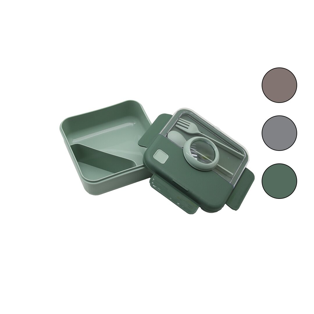 Qlux L-00927 Boutıque Beslenme Kabı (Renkli Pls.)(2 Bölme) (1250ml)(Pls.Çatal-Kaşık) (S.Contalı & Şeffaf Kaşıklıklı Kapak)*16=K