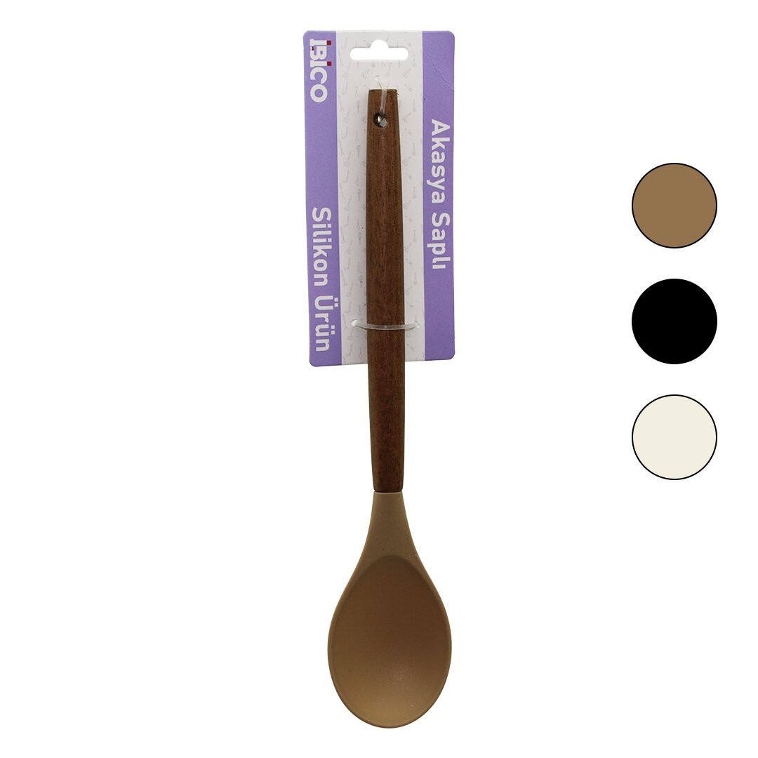Ibico I22-015 ( Renkli Silikon ) ( Ahşap Akasya Saplı ) Kaşık ( Servis ) ( 29cm )*6x24