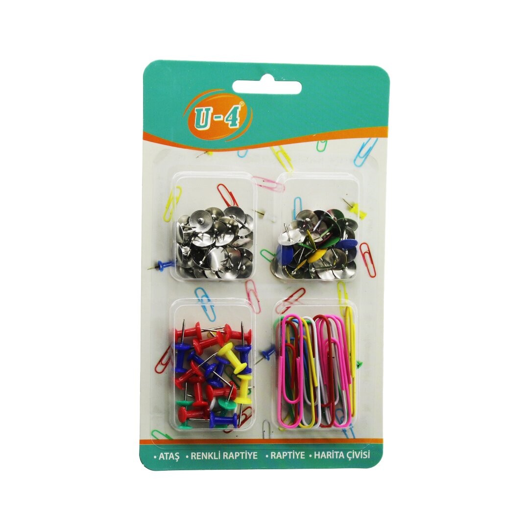 U-4  U4-1013 ( 4lü ) Ofis Okul Seti ( Ataş & Raptiye & Pano Iğnesi=Harita Çivisi ) Kırtasiye Seti*12x24