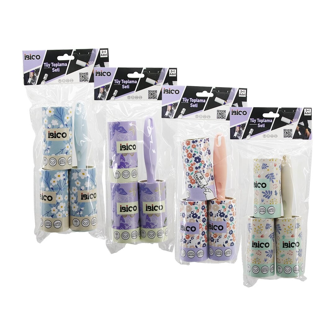 Ibico I21-047 (3pcs Set) (Düz Sap) (Yapışkanlı) Pratik Tüy Toplayıcı Rulo Bant(1ad.Saplı=60 Yaprak+2ad.Yedek=2x60) (Pet Shop)*12x7