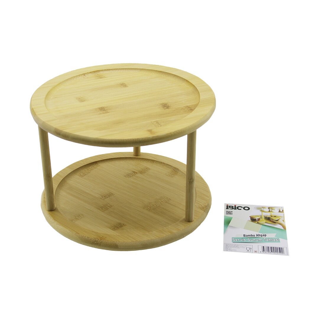 Ibico I22-250 ( 2 Katlı ) ( Yuvarlak=24.5cm ) ( Döner Tablalı ) Ahşap Bambu Sunum Tepsisi & Mini Sofra*20