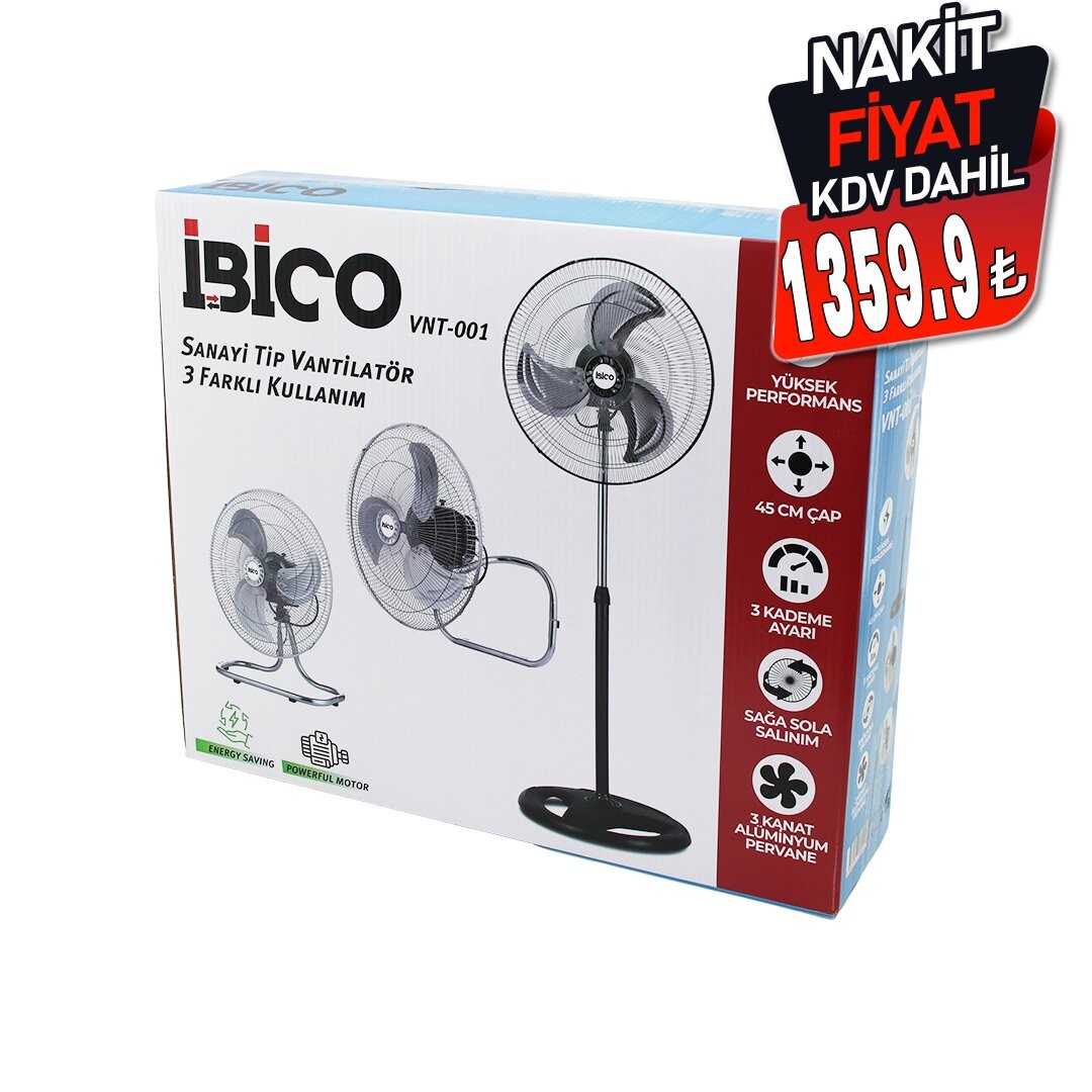 Ibico Vnt-001 (3in1=Duvara Monte& Masa Üstü& Ayaklı) (45cm) (Sanayi) Tipi Vantilatör (3 Kademe Hız & 3 Metal Kanat) (75w)*1