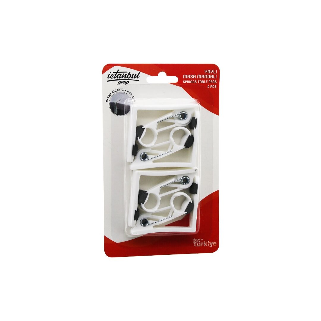 Istanbul Grup Kod-252 ( 4 Pcs ) ( Non-Slıp=Kaydırmaz Aparatlı ) Yaylı Masa Mandalı ( Beyaz Plastik )*24x12
