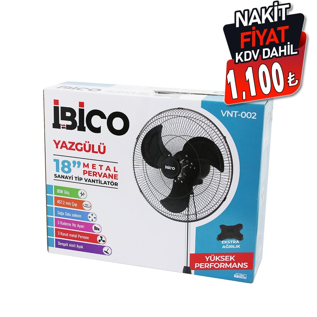 Ibico Vnt-002 (18" Inç) (45.7cm) (Sanayi) Tipi Ayaklı Vantilatör (3 Kademe Hız & 3 Metal Kanat) (80w) (140cm Yükseklik)*1