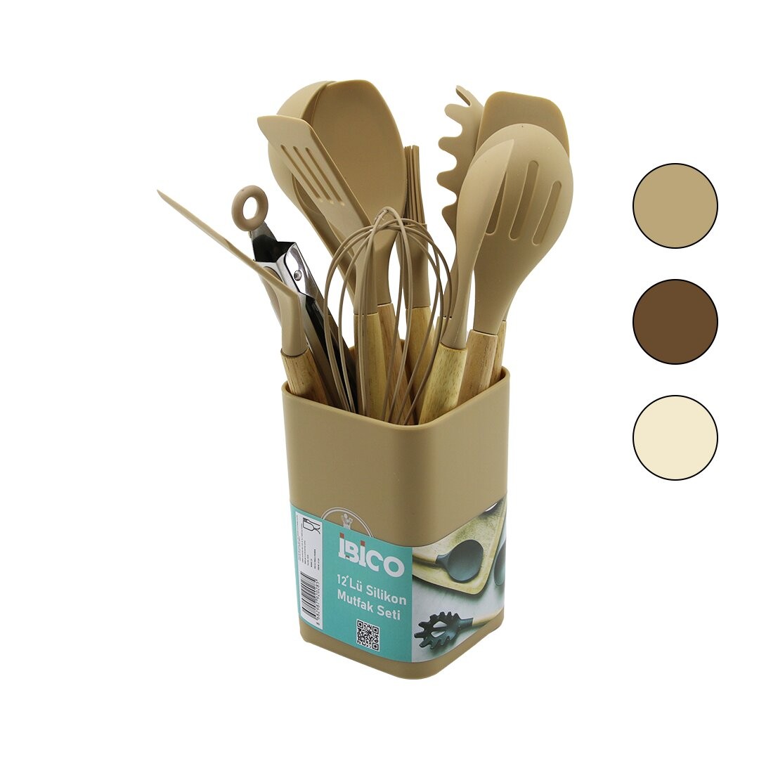 Ibico I22-028 (11pcs+Kova) Silikon Mutfak Seti (Bambu Sap) (3-Kaşık& 3-Spatula& 1-Kevgir& 1-Kepçe& 1-Maşa& 1-Çrpc& 1-Frç)*24