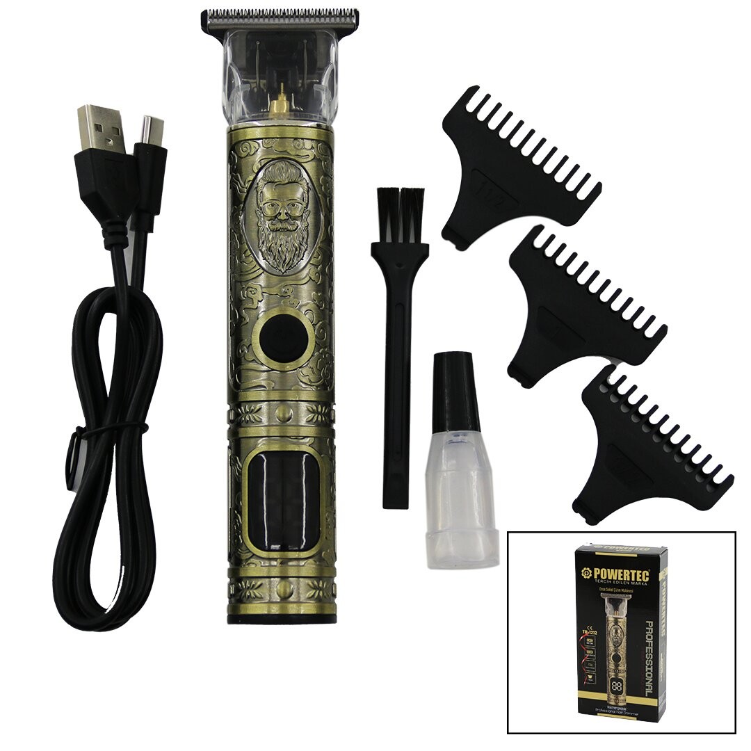 Powertec Tr-1212 ( Metal Gövde ) Ense Çizim & Saç Sakal Traş Makine (Hızlı Usb Şarj & Gösterge) ( T Bıçak)*40