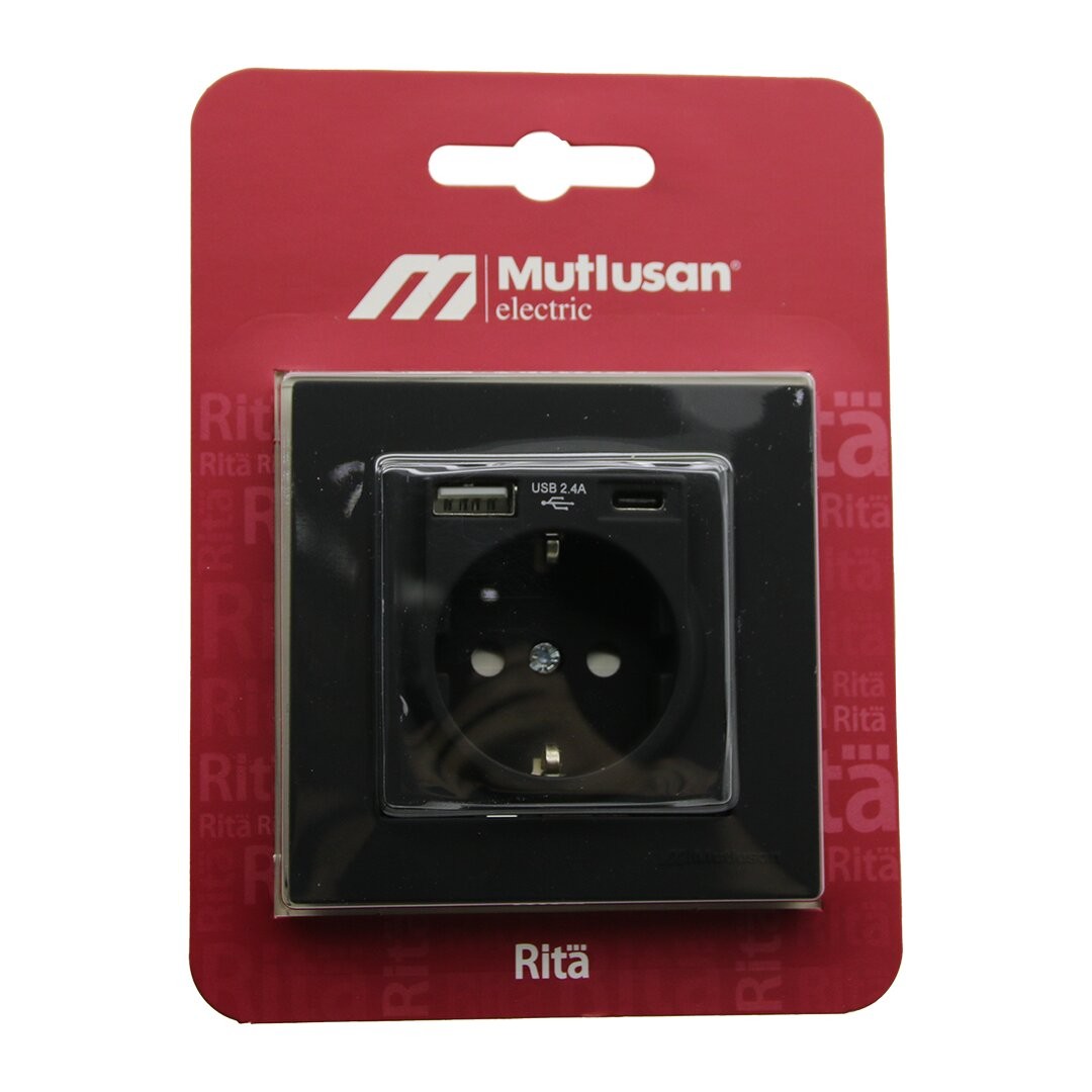 Mutlusan Rita-2220 629 0284 ( Blisterli & Kartlı ) ( Siyah & Usb + Type-C ' Li Topraklı Priz ) Çerçeveli*8x1