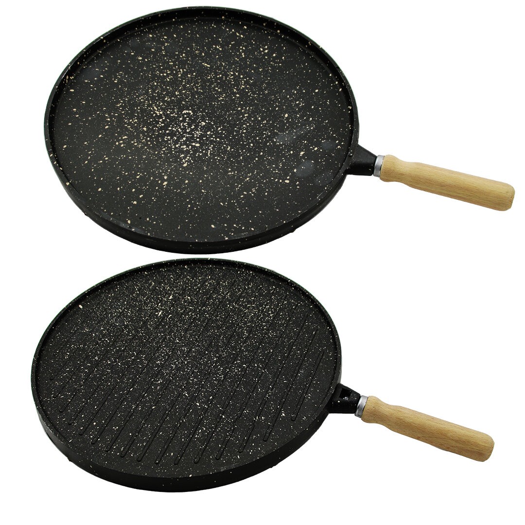 Öztef ( Çift Taraflı ) ( 34cm ) Döküm ( Bazlama & Gözleme & Izgara ) Tavası ( Ahşap Saplı )*12
