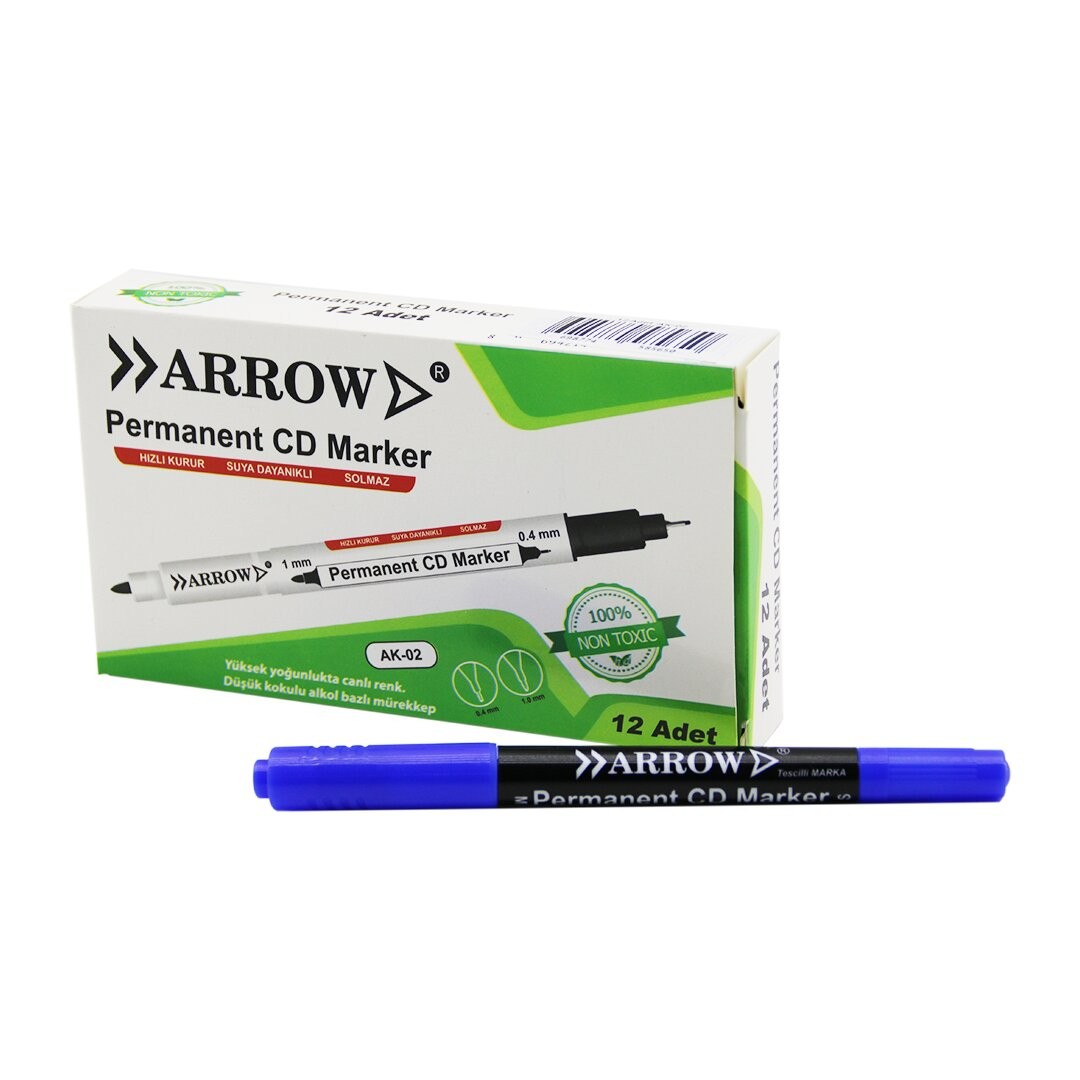 Arrow Ak-02 ( Mavi & 2 Uçlu ) ( Permanent=1mm ) + ( Cd Marker=0.4mm ) Kalemi*12x120