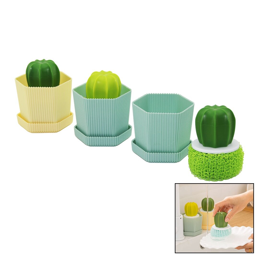 Baysa-1554 ( Kaktüs Model Saplı ) ( Sert & Renkli Plastik Tel ) Bulaşık Fırçası  ( Renkli Plastik Tabaklı Hazne )*150