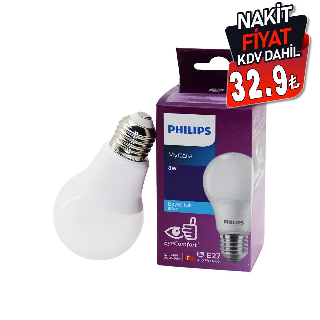 Phılıps Mycare ( 8w & E27 ) Led Ampul ( 720 Lumen & 6500k Beyaz Işık ) ( 15.000 Saate Varan Ömür )*12=K
