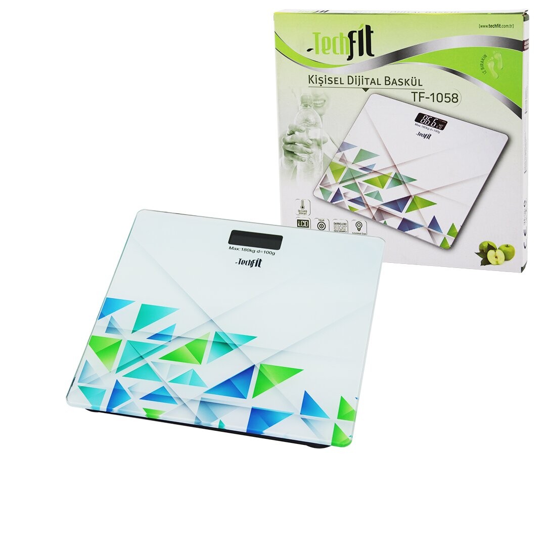 Techfit Tf-1058 ( Desenli Cam Temperli ) Dijital Baskül Terazi Tartı (180kg/100gr) (Lcd Ekran & Sensör )*10