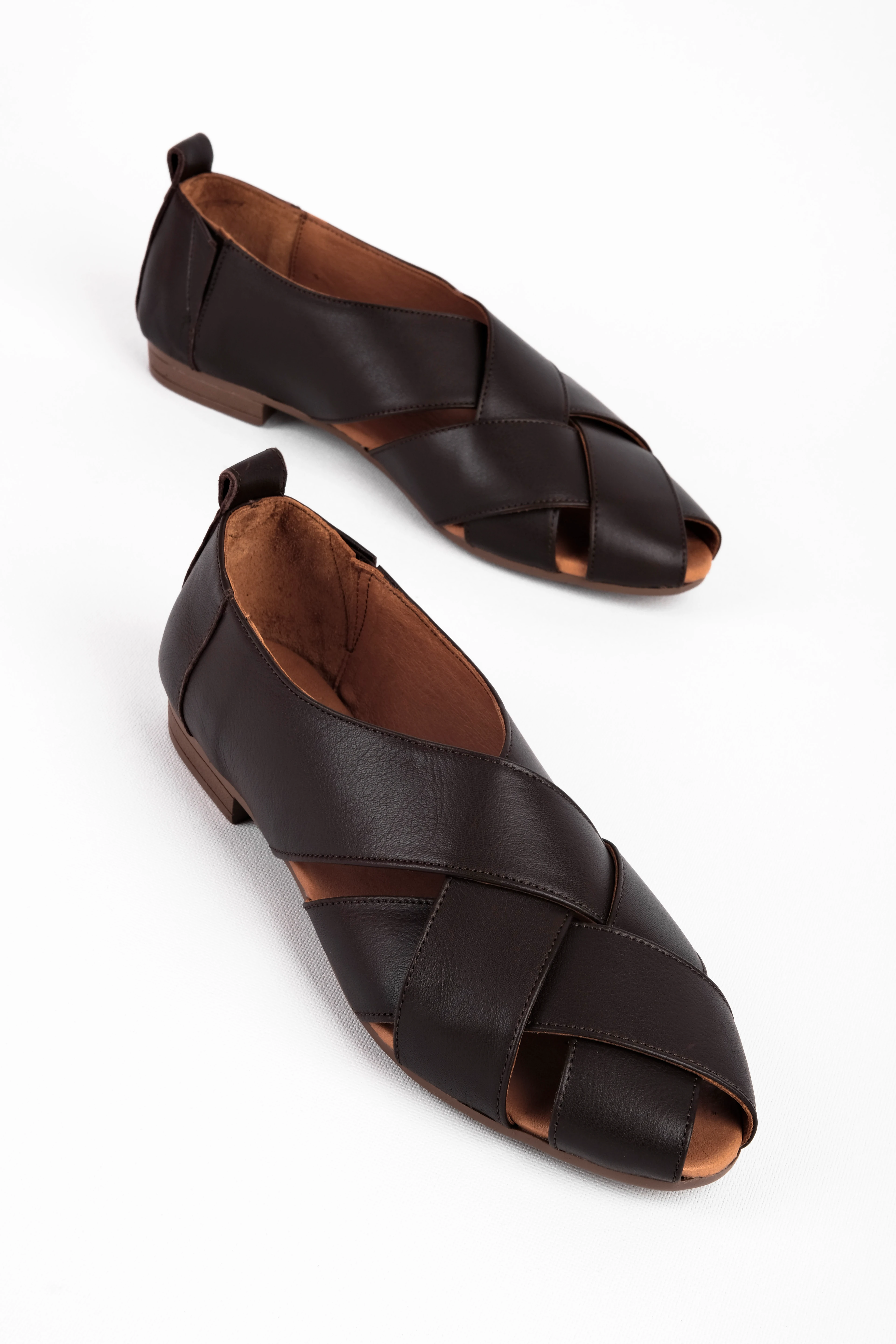 Hany Kadın Hakiki Deri Çapraz Bantlı Babet 4283 - Kahverengi