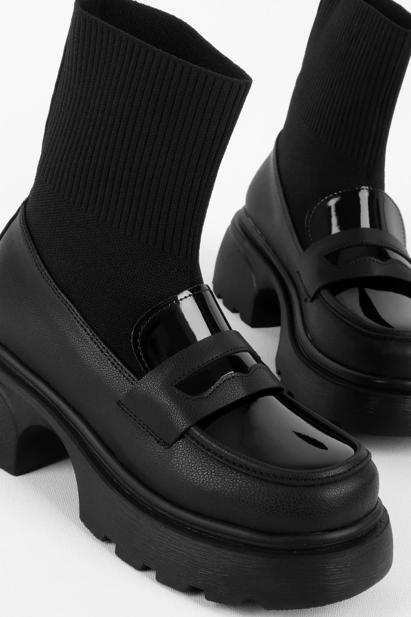 Zoey Kadın Dikiş Detaylı Triko Kumaş Detaylı Kalın Taban Bot 4185 - Siyah