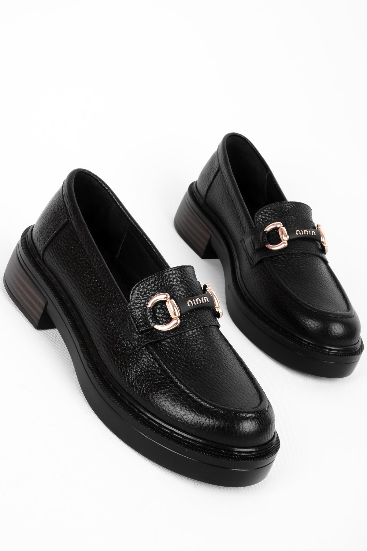 Loniy Kadın Hakiki Deri Tokalı Günlük Ayakkabı Loafer 4144 - Siyah