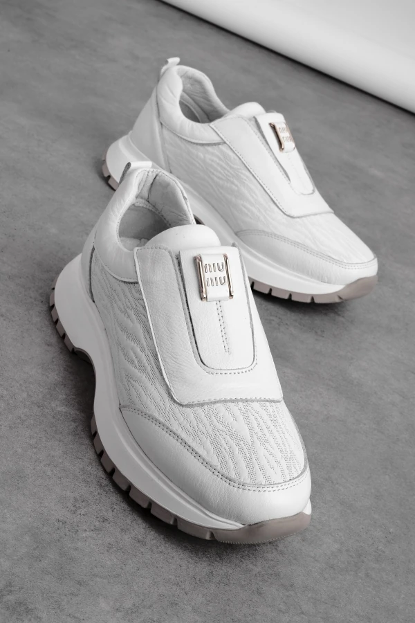 Zary Kadın Hakiki Deri Lastik Detaylı Dikişli Spor Ayakkabı Sneaker 4296 - Beyaz