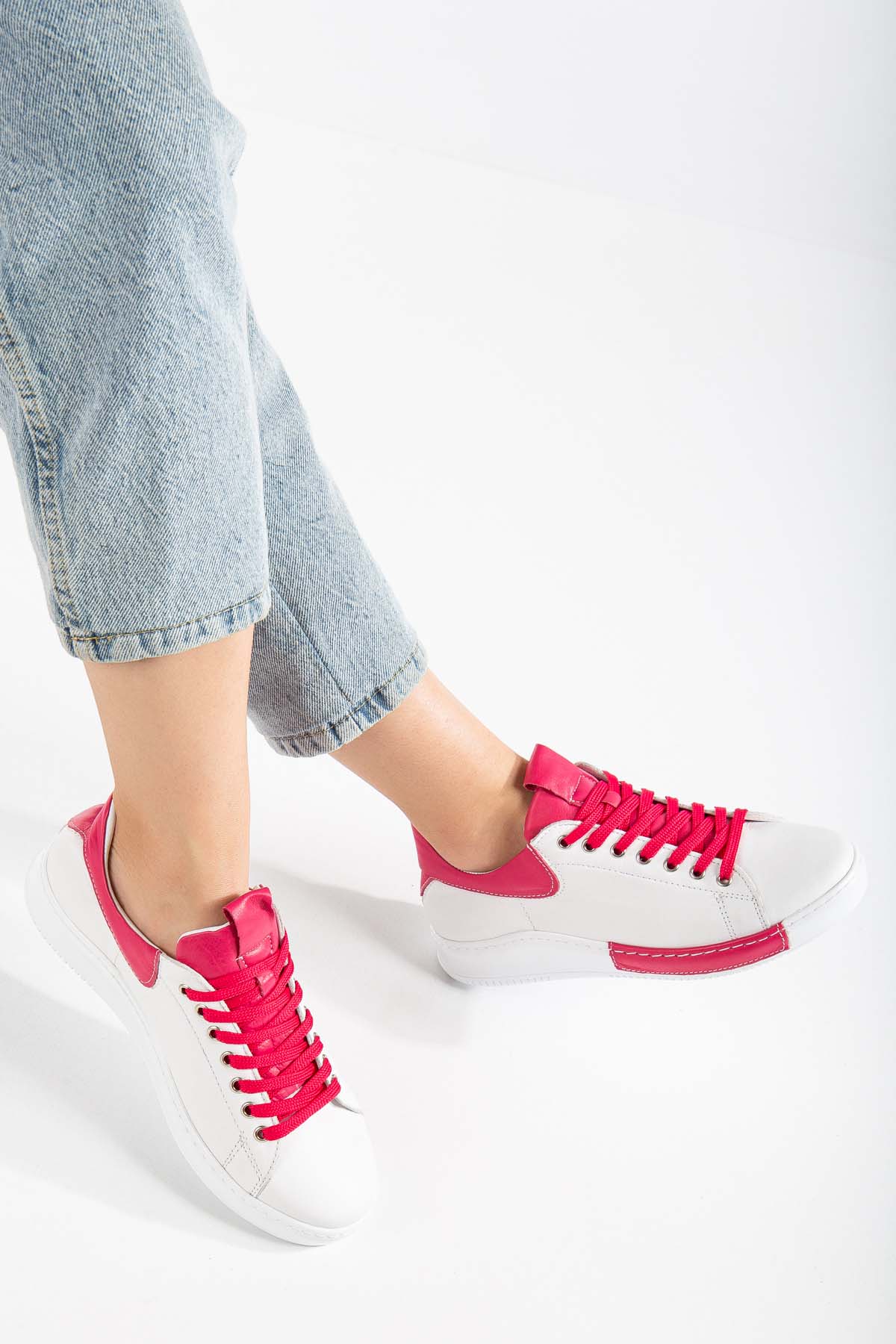 Bowy Renk Detaylı Kadın Hakiki Deri Spor Ayakkabı (B3052) - Fuşya