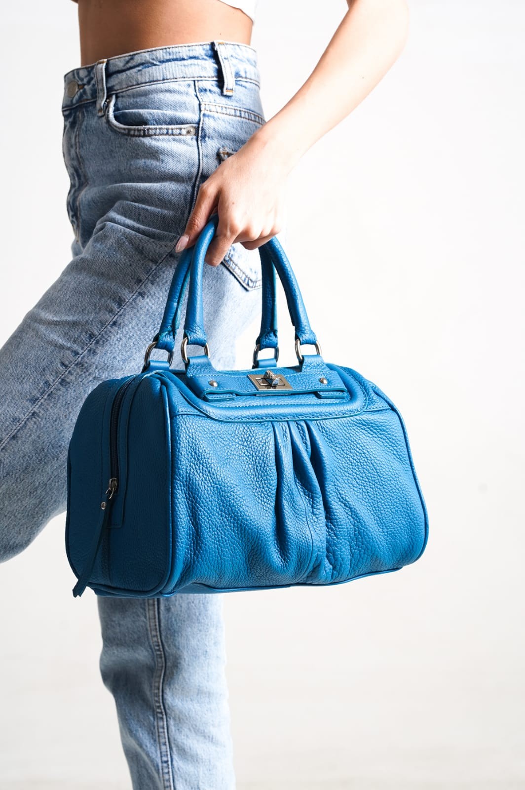 Kadın Hakiki Deri El Çantası Bavul Model - Petrol Mavi