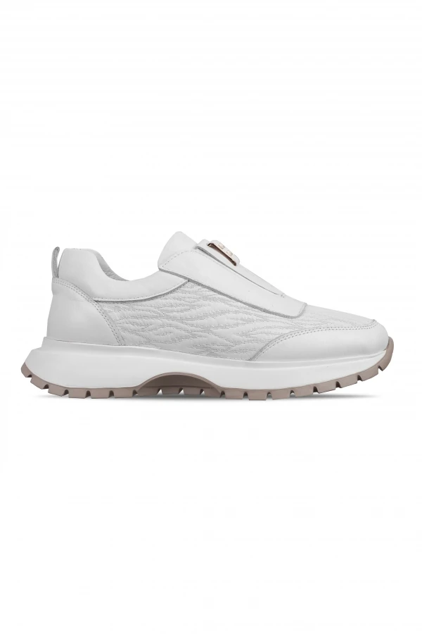 Zary Kadın Hakiki Deri Lastik Detaylı Dikişli Spor Ayakkabı Sneaker 4296 - Beyaz