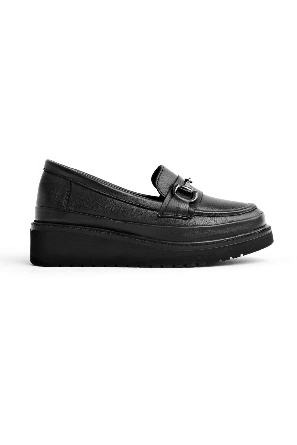 Always Kadın Günlük Hakiki Deri Loafer Tokalı Ayakkabı (4 cm ) B2791 - Siyah