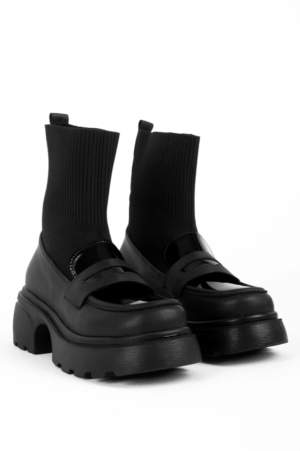 Zoey Kadın Dikiş Detaylı Triko Kumaş Detaylı Kalın Taban Bot 4185 - Siyah