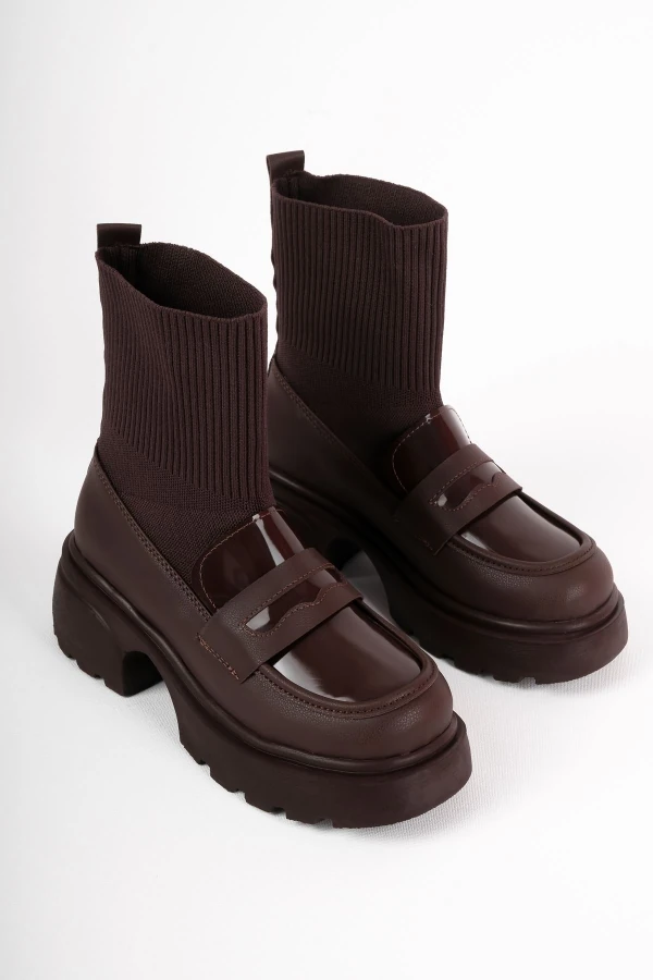 Zoey Kadın Dikiş Detaylı Triko Kumaş Detaylı Kalın Taban Bot 4185 - Kahverengi