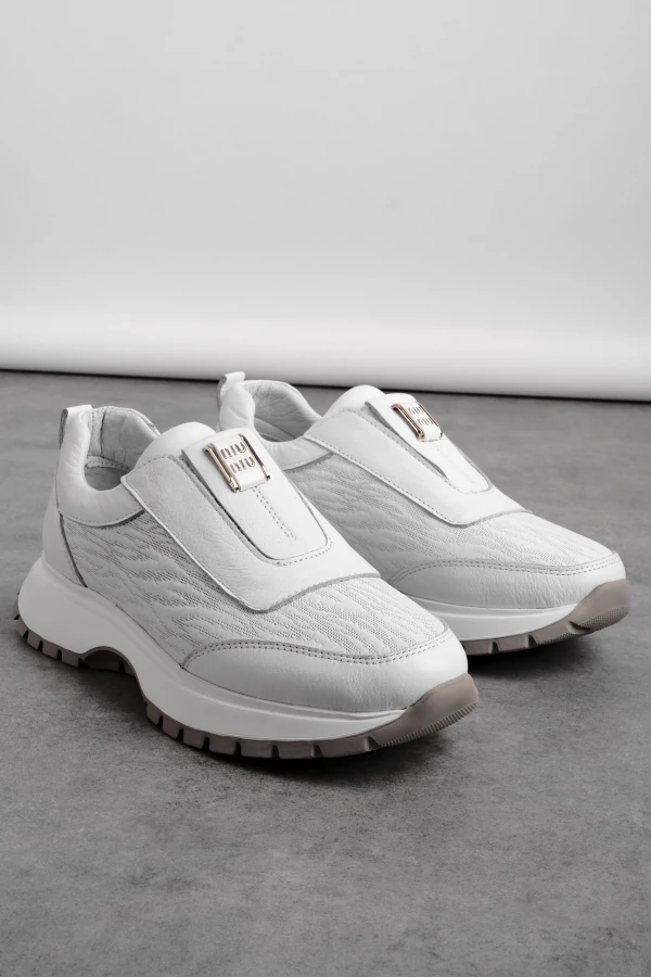 Zary Kadın Hakiki Deri Lastik Detaylı Dikişli Spor Ayakkabı Sneaker 4296 - Beyaz