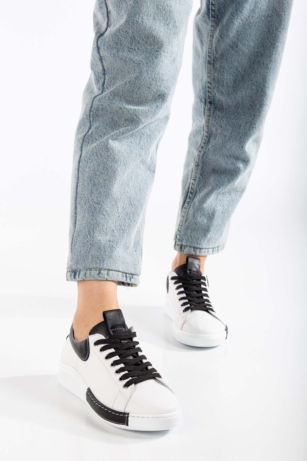 Bowy Renk Detaylı Kadın Hakiki Deri Spor Ayakkabı (B3052) - BEYAZ-SİYAH