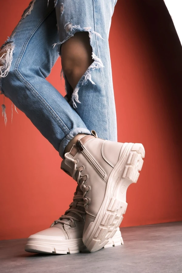 Rosly Kadın Bağcık Detaylı Rahat Bot 3587 - Krem