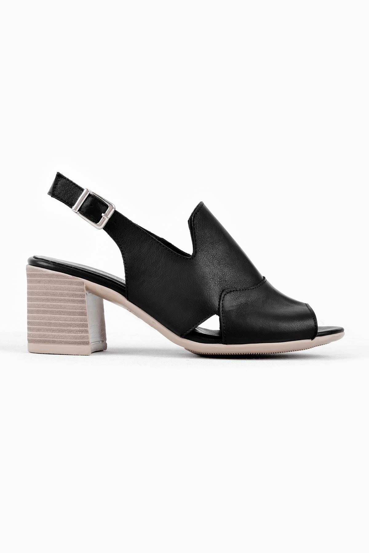 Andry Kadın Hakiki Deri Arkası Açık Topuklu Sandalet-B3129 - Siyah