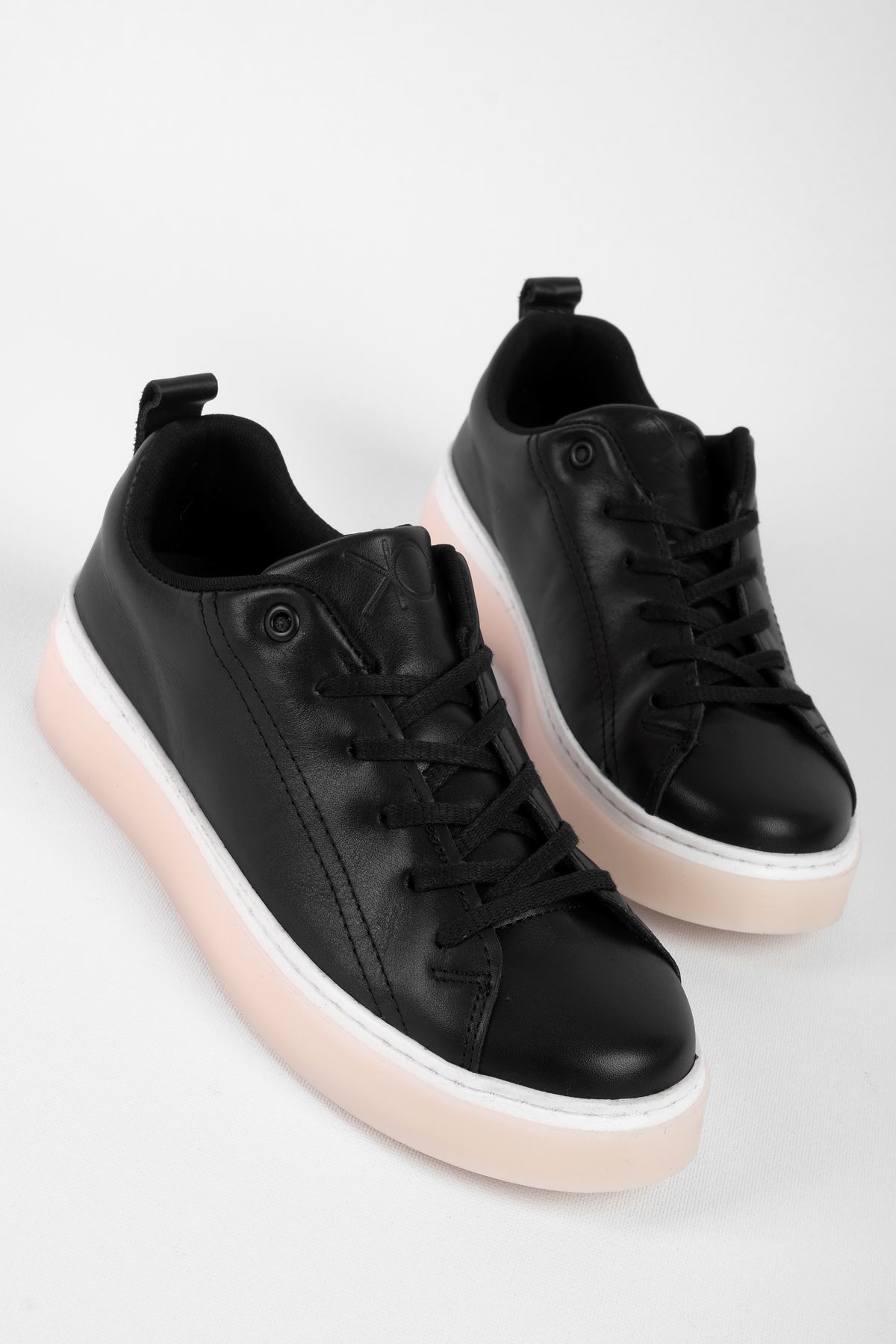 Stalky Kadın Hakiki Deri Bağcıklı Şeffaf Taban Günlük Ayakkabı Sneaker 4187 - Siyah