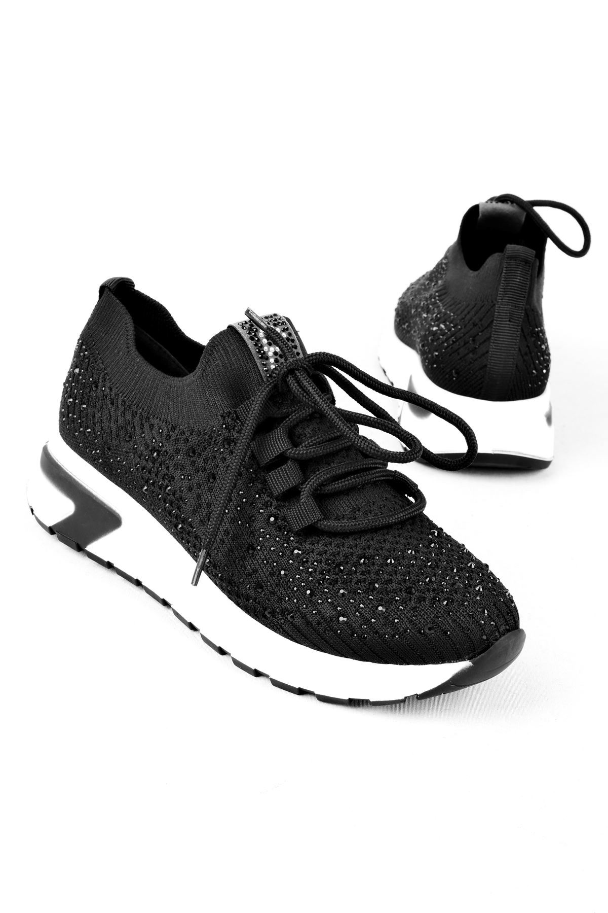 Nessy Triko Taşlı Kadın Spor Ayakkabı (B3081) - Siyah
