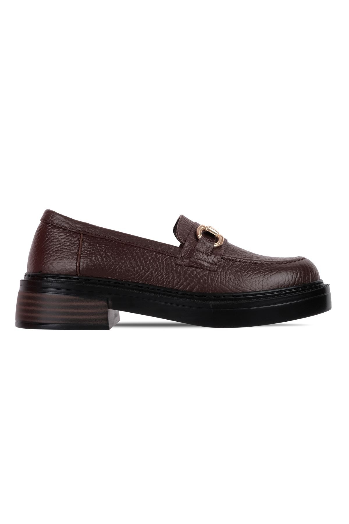 Loniy Kadın Hakiki Deri Tokalı Günlük Ayakkabı Loafer 4144 - Kahverengi
