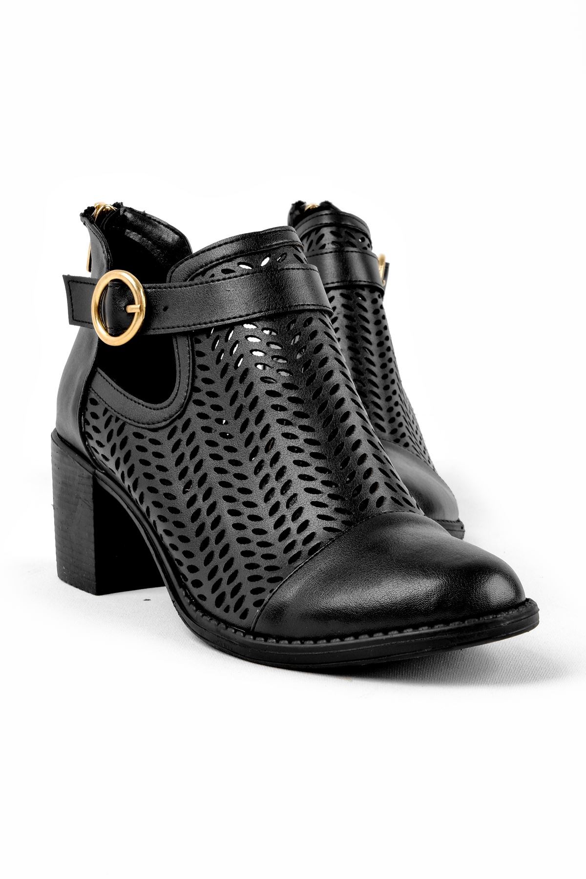 Adele Kadın Yazlık Delikli Bot Topuklu Ayakkabı (B2236) - Siyah