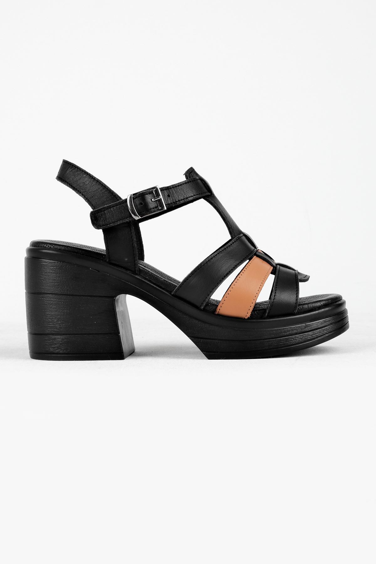 Groly Kemerli Kadın Hakiki Deri Topuklu Ayakkabı B3174 - Siyah