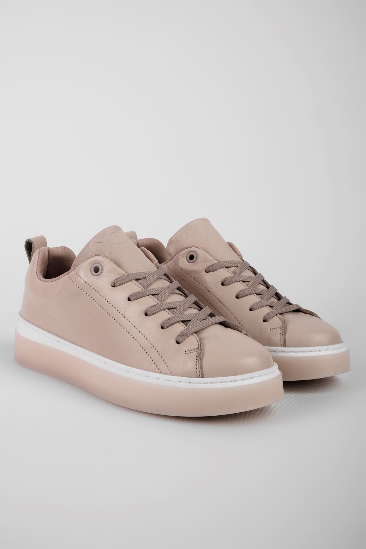 Stalky Kadın Hakiki Deri Bağcıklı Şeffaf Taban Günlük Ayakkabı Sneaker 4187 - Krem