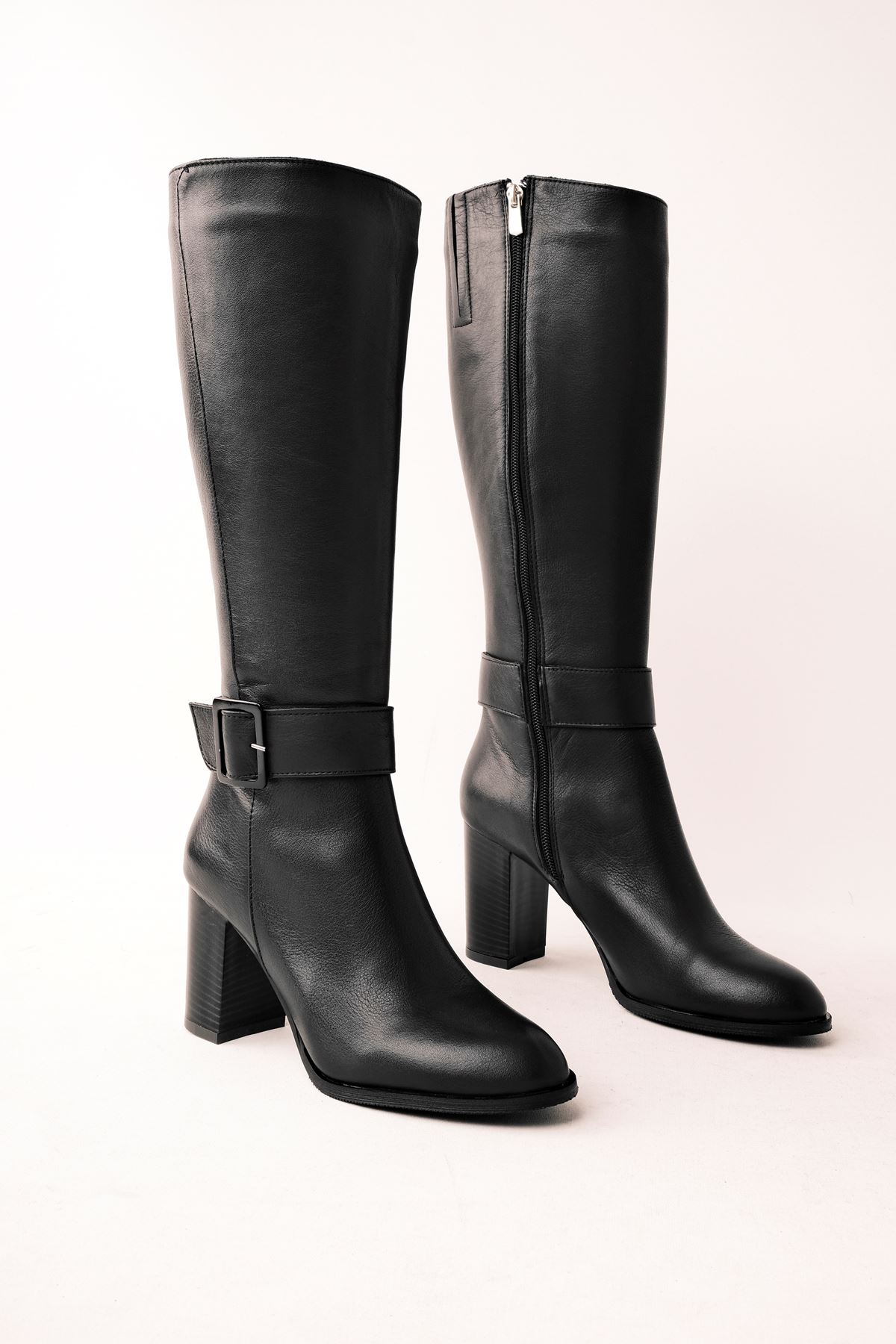 Alisa Kadın Hakiki Deri Topuklu Bot Kemer Detaylı B2845 - Siyah