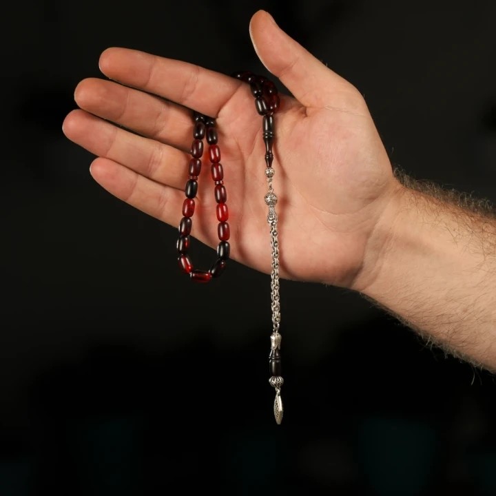 925 Ayar Gümüş Püsküllü Kapsül Kesim Bordo-Kırmızı Renk Süzmesi Ateş Kehribar Tesbih