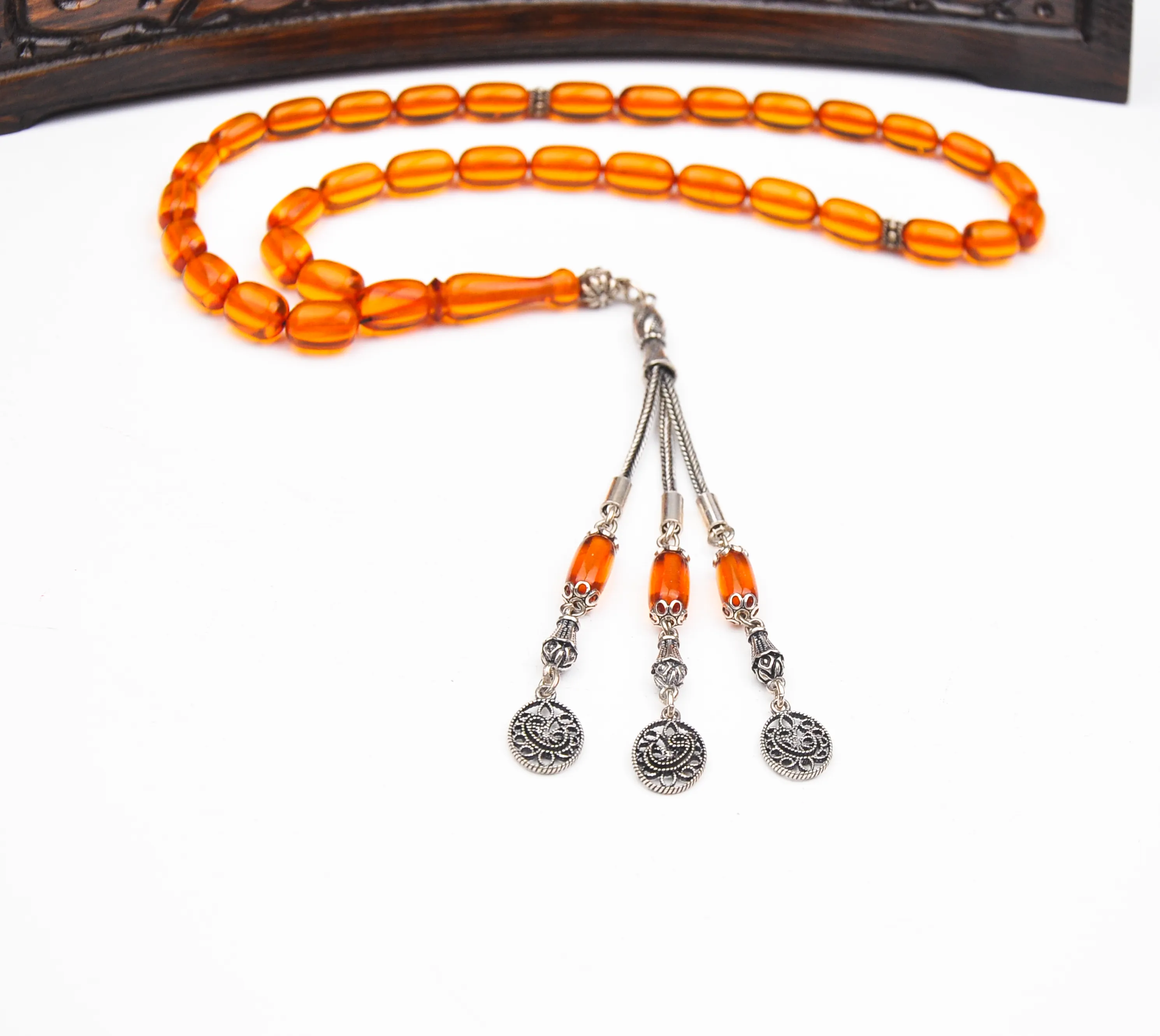 925 Ayar Gümüş Püsküllü Arpa Kesim Ateş Kehribar Tesbih