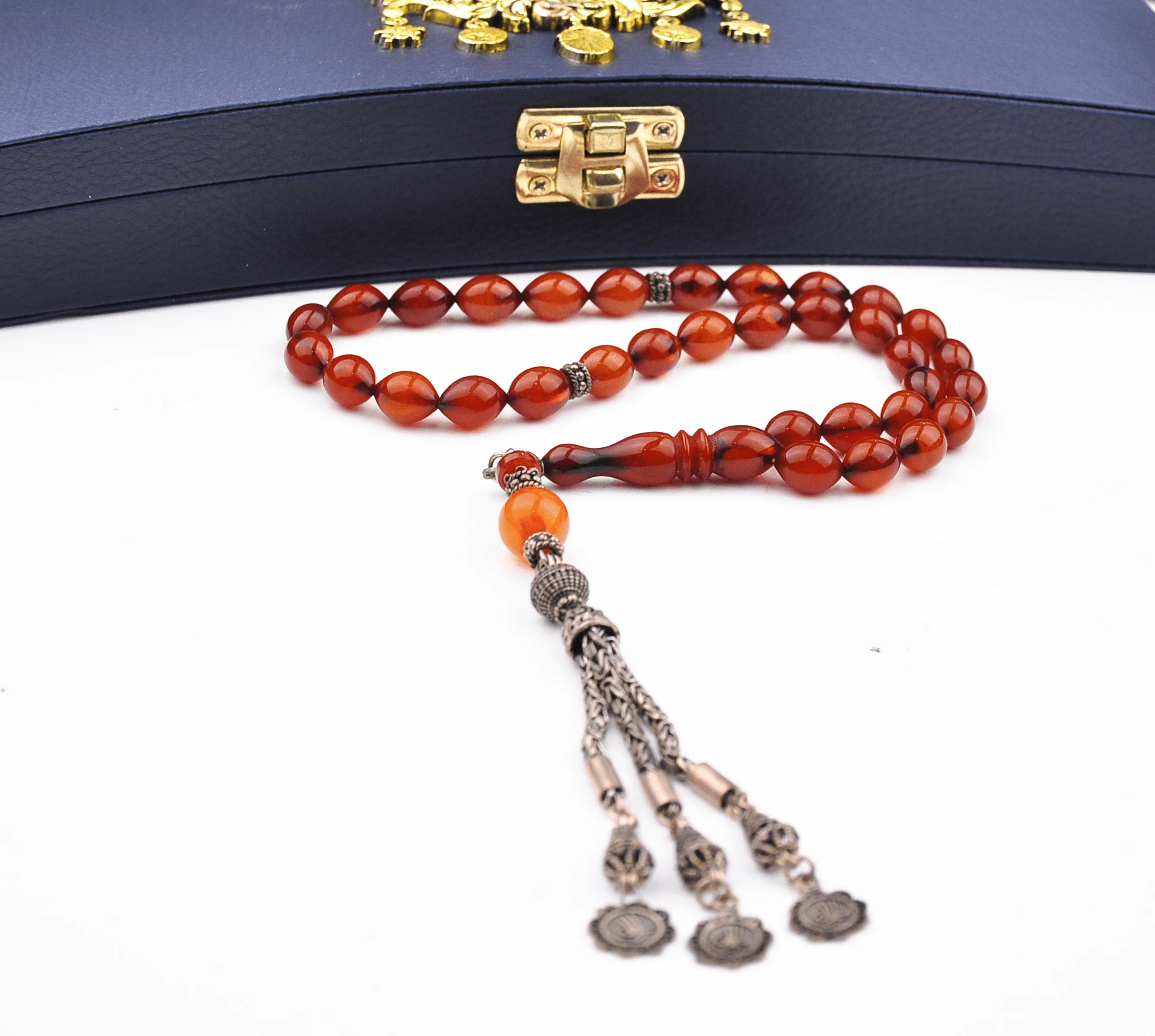 925 Ayar Gümüş Püsküllü Arpa Kesim Sıkma Kehribar Tesbih