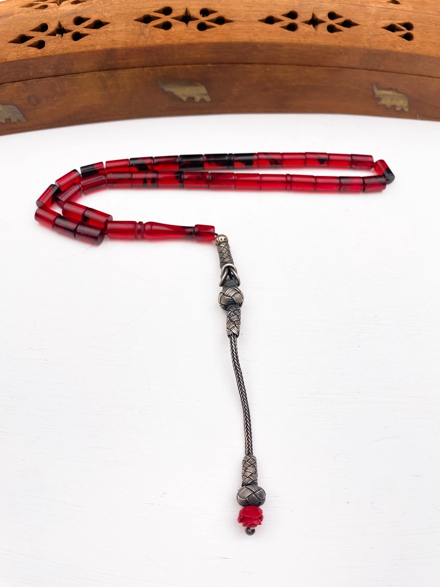 925 Ayar Gümüş Püsküllü Kesme Model Ateş Kehribar Tesbih