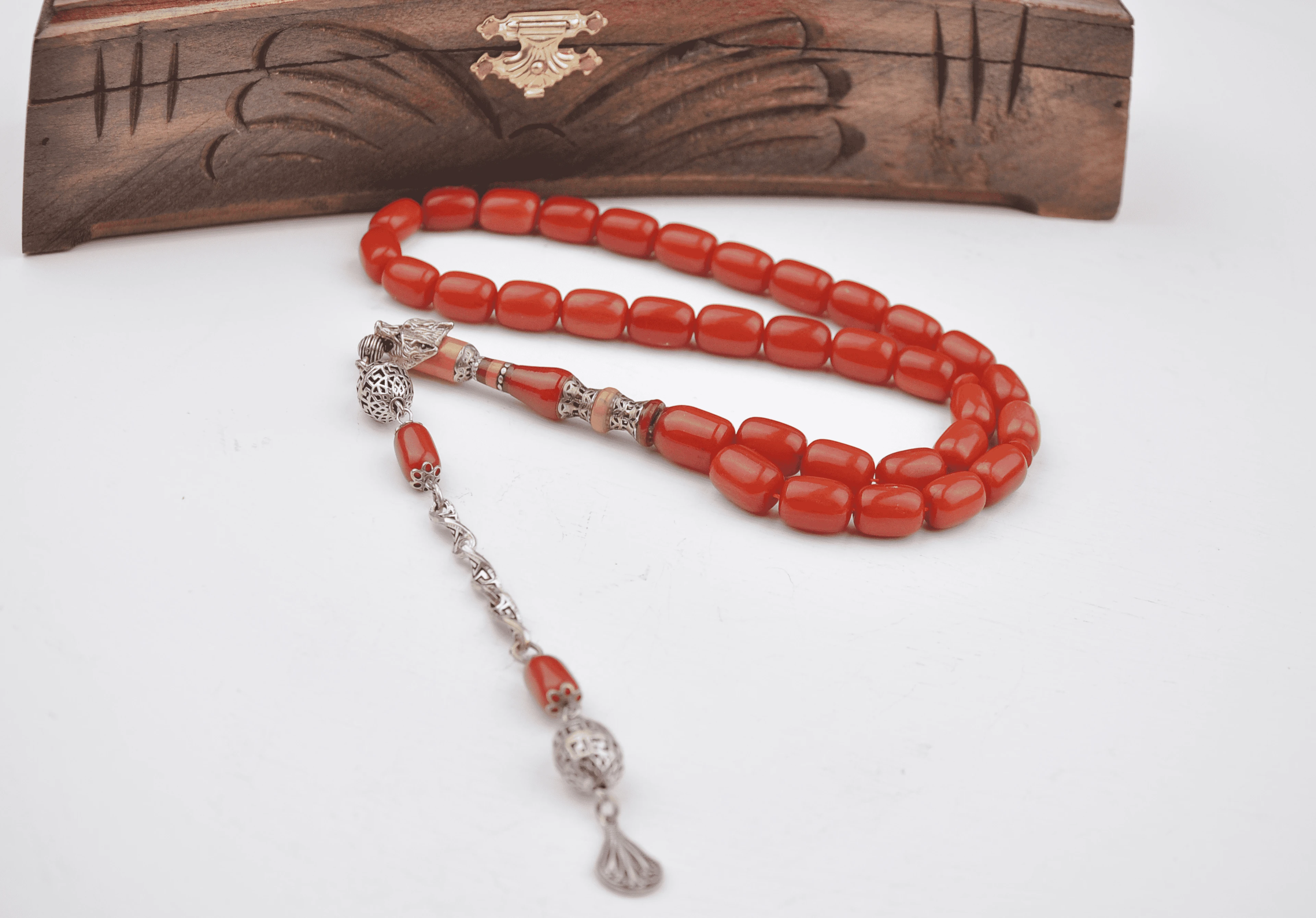 925 Ayar Gümüş Püsküllü Nakkaş İmameli Kapsül Kesim Sıkma Kehribar Tesbih