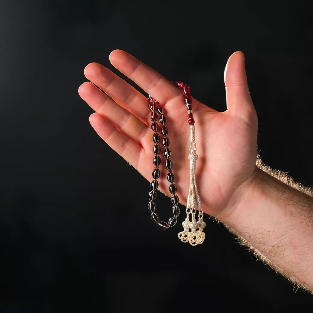 1000 Ayar Kazaz Püsküllü Gümüş İşleme Arpa Kesim Ateş Kehribar Tesbih