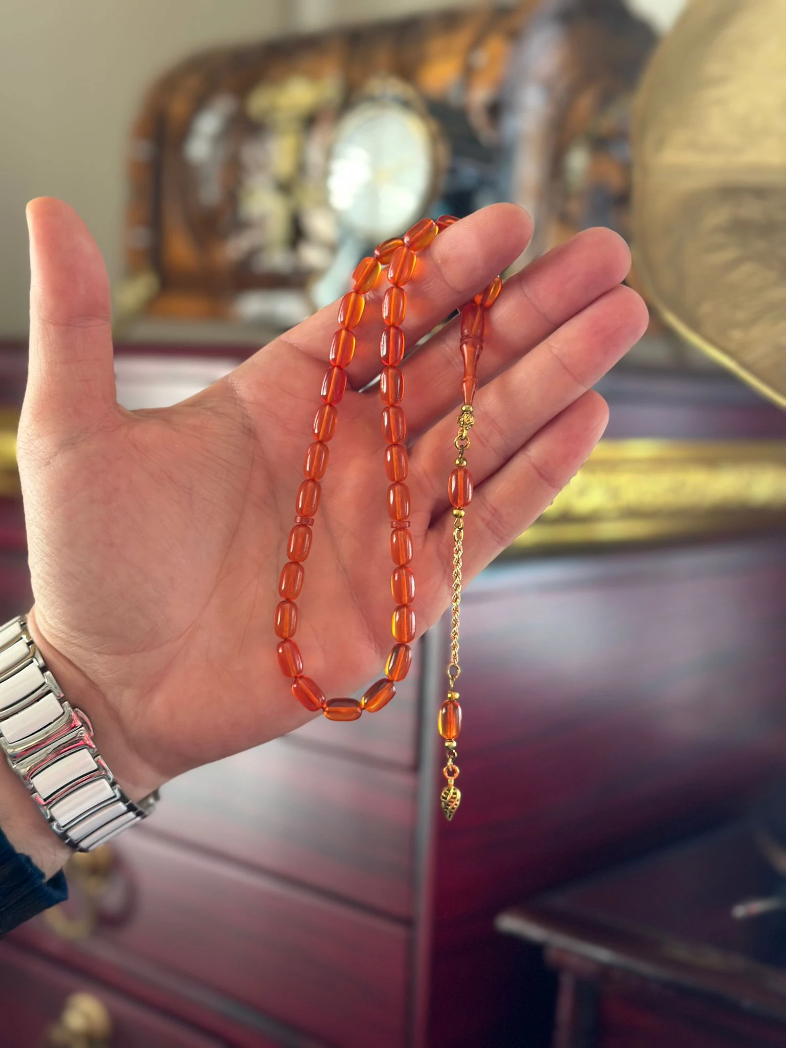 14 Ayar Altın Zincirli Kapsül Kesim Ateş Kehribar Tesbih